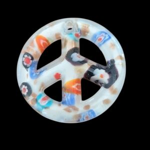 White Peace Symbol with Flowers Glass Lampwork Pendant